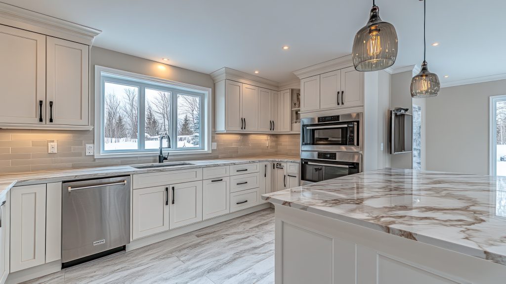 Modern kitchen renovation. Open concept, sunny, winter view